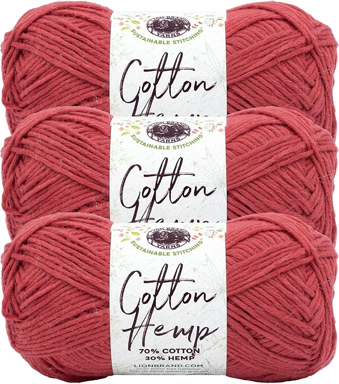 Lion Brand Yarn Cotton Hemp, Soft, Durable Yarn for Crochet and Knitting, 3 Pack, Cherry