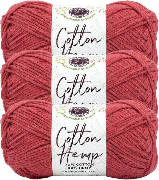 Lion Brand Yarn Cotton Hemp, Soft, Durable Yarn for Crochet and Knitting, 3 Pack, Cherry