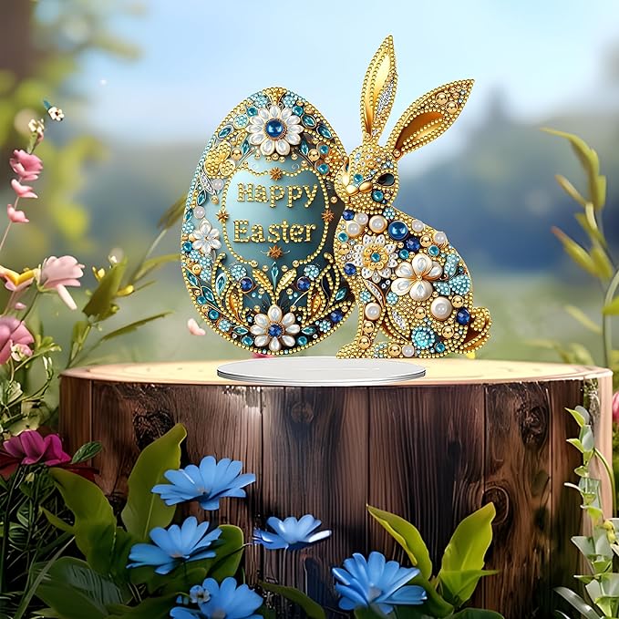 JJFox DIY Tabletop Diamond Art Painting Kit，Desktop Ornament Special Shaped Rhinestone Desk Placement Ornament，Home Stand Up Gem Painting Craft Kit Gift Double Sided (Easter Bunny)