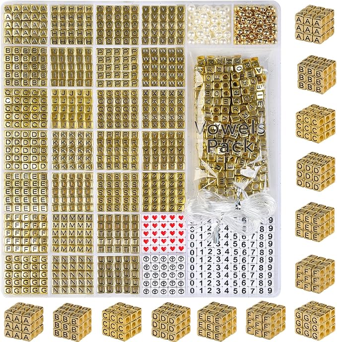 Gold Letter Beads for Bracelets - 1270Pcs Square Acrylic A-Z with Extra Vowels, Numbers and Spacers - Ideal for Necklaces and Friendship Kits