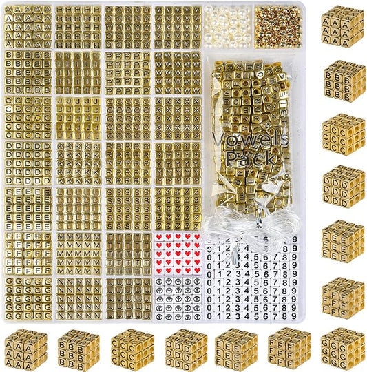 Gold Letter Beads for Bracelets - 1270Pcs Square Acrylic A-Z with Extra Vowels, Numbers and Spacers - Ideal for Necklaces and Friendship Kits