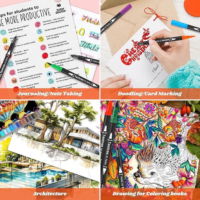 Taotree 120 Colors Dual Tip Art Markers Pens for Adult Coloring Book, Artist Fine & Brush Tip Coloring Markers Set Drawing Pens Craft Art Supplies for Journaling Note Taking Lettering Calligraphy