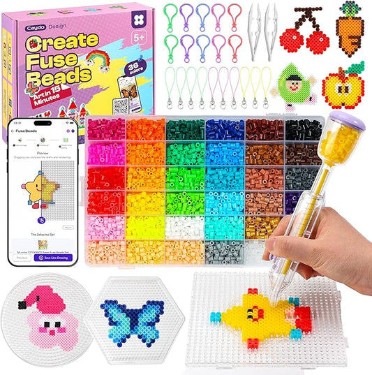 Caydo Fuse Beads Kit with Fuse Bead Pen, Design App & 200+ Patterns for Beginners, 10500PCS 36 Colors 5mm for Girl Holiday Home DIY Decor Creative Projects