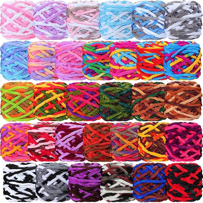 Timgle 32 Skeins Chunky Chenille Yarn for Crocheting, 1470 Yards Bulky Thick Fluffy Yarn Soft Velvet Plush Yarn for Hand Knitting Blanket Crafts Project (Mixed Color)