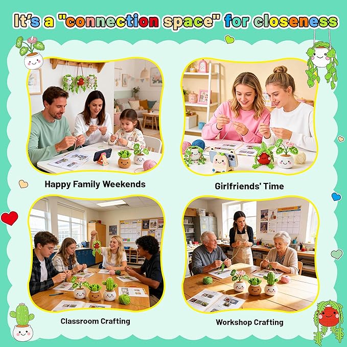 Joyclub Crochet Kit for Beginners Crochet Starter Kits for Adults and Kids Great Birthday Gifts for Crocheting Lovers with Step by Step Video Amigurumi Kit, 6 Pcs Fake Hanging Potted Plants Family