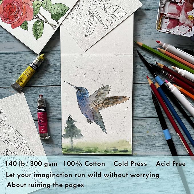 tumuarta Watercolor Coloring Book, 20 Unique Designs, 5x7”, 100% Cotton, 300GSM, 140 LB, Cold Press, Acid Free Watercolor Paper, Glue Bound Mixed Media Sketch Book Birds