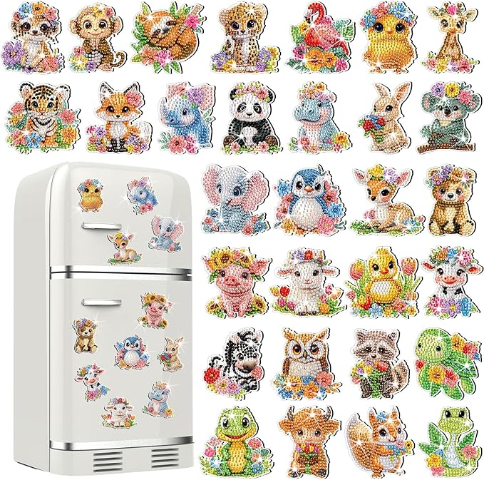 Xuhal 30 Pcs Spring Animal Diamond Painting Magnets Watercolor Flower Animal Diamond Art Magnet Kits for Adults 5D Rhinestone Elephant Tiger Refrigerator Magnetic Sticker for DIY Crafts Fridge Gifts