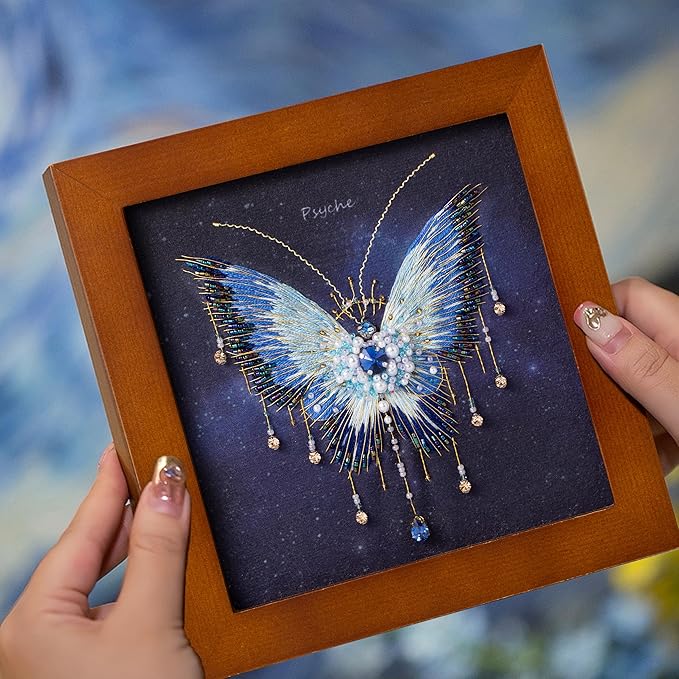 Craftreasure Embroidery Kit for Adults, Butterfly Needle Point Kits Adults Beginner Include Embroidery Beads Threads for Craft Lover Hand Stitch with Embroidery Skill Technique（Blue-Intermediate）