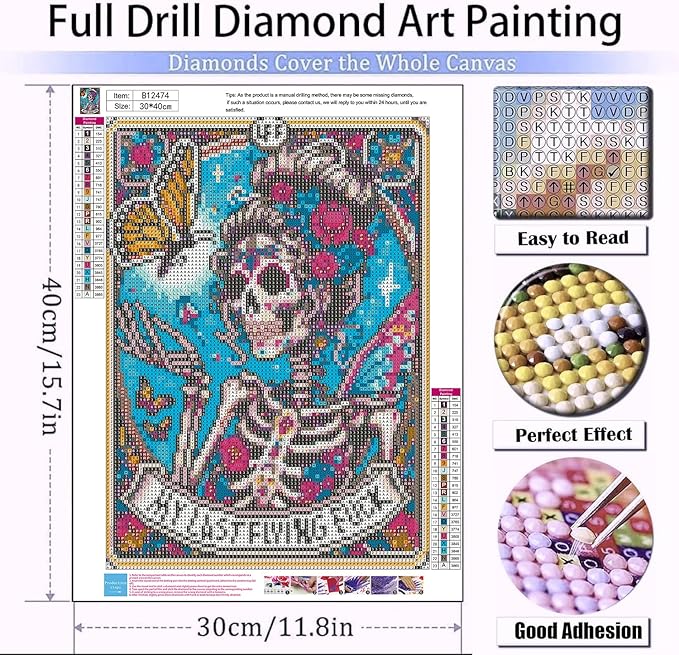 Meothan Skull Diamond Art Kits for Adults-Skull Last Flying Diamond Painting Kits for Adults Beginners, 5D DIY Full Drill Round Rhinestone Gem Art Crafts Paintings for Home Wall Decor 12"x16"
