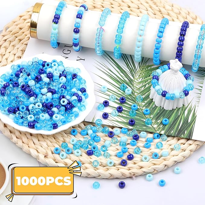 Blue Pony Beads for Bracelet 1000 Pcs Friendship Bracelets Beads 6x9mm Plastic Beads for Hair Braiding Transparent Glittering Beads for Necklace Earrings Jewelry Making (5 Blue Series)