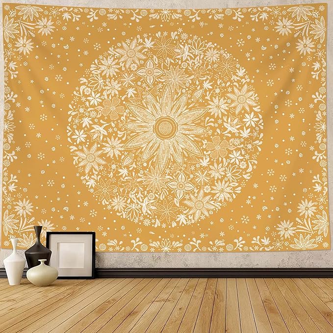 neasow bohemian tapestry wall hanging, orange floral tapestry with dotted daisy medallion print bedroom boho hippie home decor, 36x48 inches