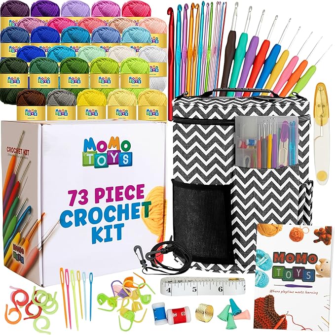 MOMOTOYS Crochet Kit for Beginners, Crochet Hook Set with Yarn Set,Crocheting Kit, 73PCS with Crochet Book and Bag, Crochet Kits for Beginners Adults, Crochet Accessories and Supplies