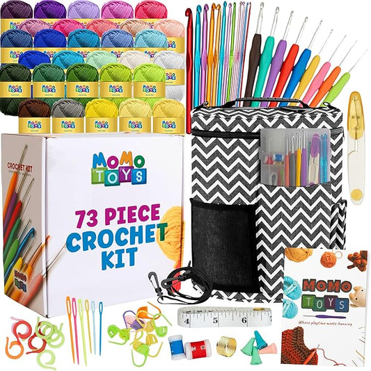 MOMOTOYS Crochet Kit for Beginners, Crochet Hook Set with Yarn Set,Crocheting Kit, 73PCS with Crochet Book and Bag, Crochet Kits for Beginners Adults, Crochet Accessories and Supplies