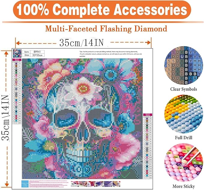 igoodom Diamond Art Kits for Adults, Sugar Skull Diamond Painting Kit, Full Drill Round Skull Flower Diamond Art Kits, DIY Gem Art and Crafts for Home Wall Decor Gift 13.78x13.78inch