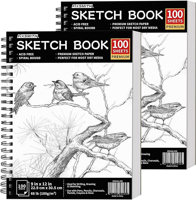 fixsmith 9"x12" sketch book | 200 sheets (68 lb/100gsm) sketchbook| 2 pack (100 sheets each) |acid free drawing paper | spiral bound sketchpad for beginners,artists & professionals | bright white