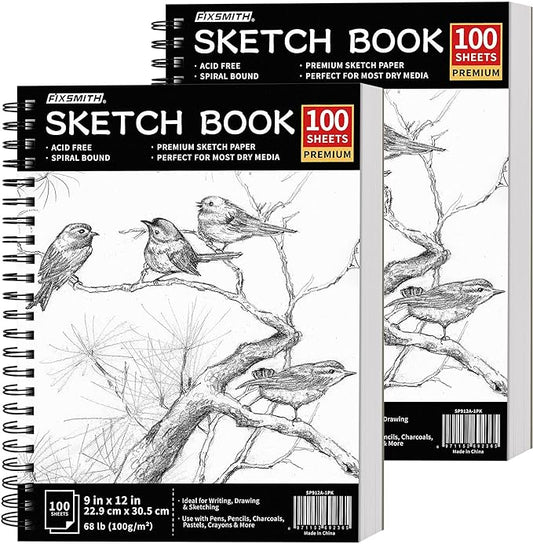 fixsmith 9"x12" sketch book | 200 sheets (68 lb/100gsm) sketchbook| 2 pack (100 sheets each) |acid free drawing paper | spiral bound sketchpad for beginners,artists & professionals | bright white