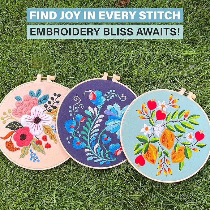 Colorful Flowers Embroidery Kit for Beginners – DIY Hand Embroidery Set with 3 Hoops, Stamped Patterns, Needles, Thread, Scissors – Floral Embroidery Kit for Adults, Teens, Women, Craft Lovers