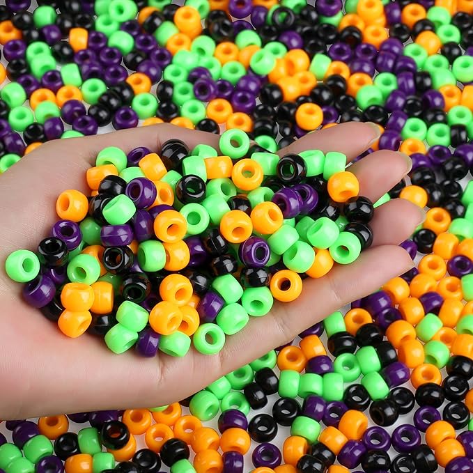 Halloween Pony Beads 1000 Pcs, Plastic Beads for Bracelets Jewelry Bracelets Making, Hair Bead for Braids for Craft, Halloween Gifts for Friend(Black, Purple, Orange, Green)