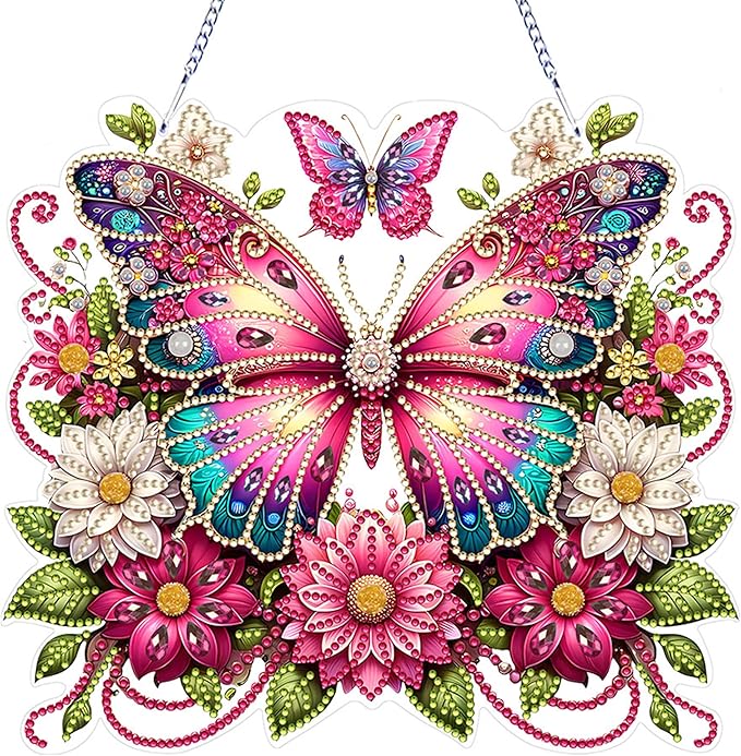 JJFox DIY Acrylic Diamond Art Painting Wreath Kits Special Shaped Rhinestone Diamond Art Window Pendants Home Garden Wall Hanging Kits Hanging Ornament (Butterfly-2)