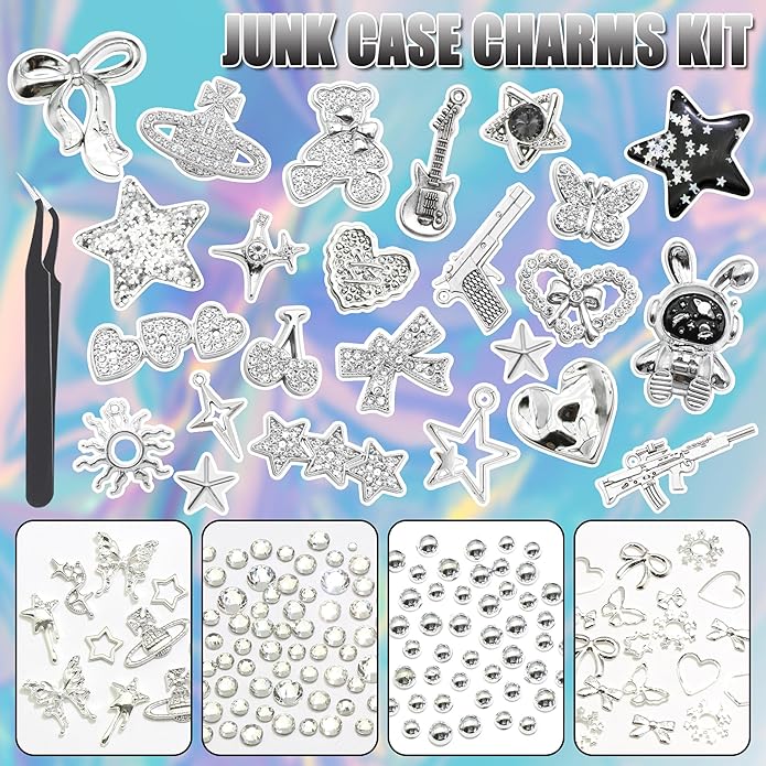 BELICEY Black Silver Junk Case Charms Kit Y2K Big Charms for Phone Junk Cases 3D Astronaut Star Bow Planet Heart Junk Phones Case Flatback Rhinestone Pearls for Customizing DIY Craft