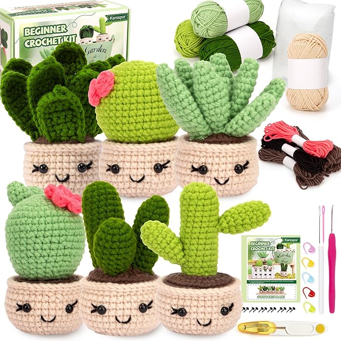 Karspor Crochet Beginner Kit, Beginner Crochet Starter Kit for Adult, Crochets Set- 6 PCS Crocheting Succulents, Step-by-Step Instructions & Video Tutorials, Learn to Knitting Kits for Adults Beginner