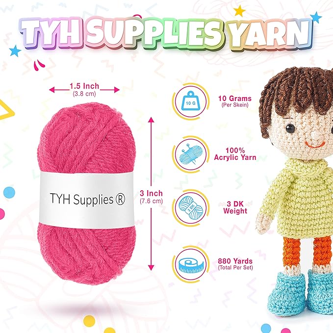 TYH Supplies 40 Mini Acrylic Yarn Skeins, 880 Yards – Crochet Kit for Beginners & Crafters, Soft DK/Light Worsted Yarn for Amigurumi Animals, Small Crafts & Knitting Projects
