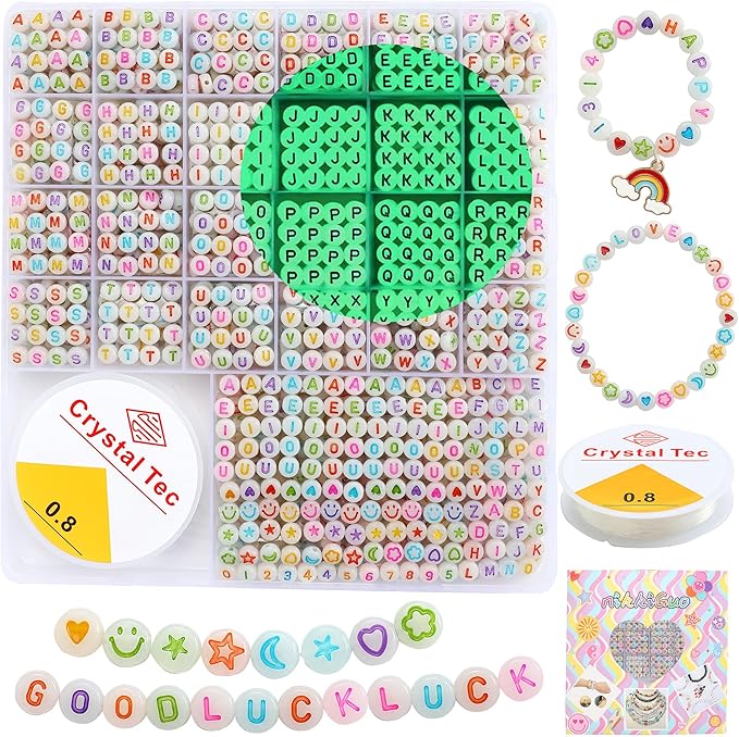 nikkiGuo 1250 PCS Letter Beads Kit with Elastic Cord – Alphabet A–Z, Numbers, Heart, Moon, Star, Smiley Beads for Friendship Bracelets & DIY Jewelry (Glow in The Dark & Colorful Letters)