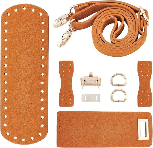 PandaHall DIY PU Leather Bag Knitting Set, Leather Bag Bottom/26” Shoulder Strap/Twist Lock/Flap Cover/Bag Buckles for Crochet Handbag Tote Shoulder Bags, Camel(7 Kinds of Accessories)