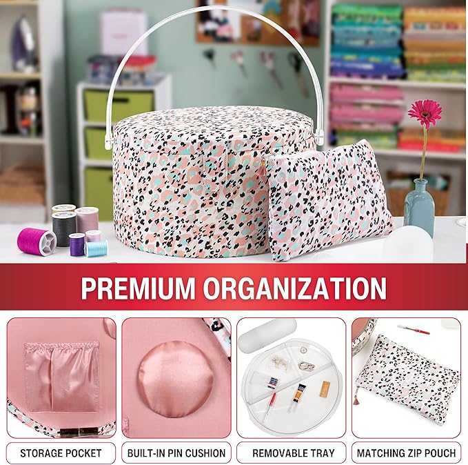 SINGER Large Round Sewing Basket with Emergency Travel Sewing Kit & Matching Zipper Pouch - Rose Pink Leopard Print
