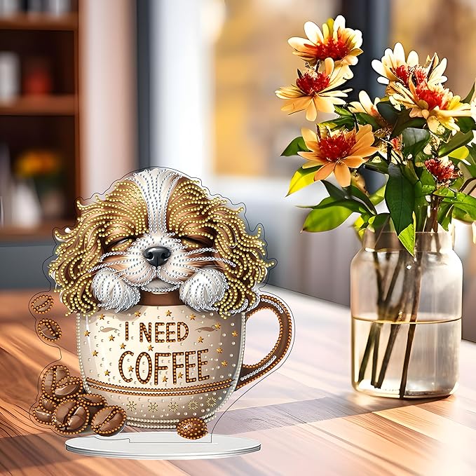 JJFox DIY Tabletop Diamond Art Painting Kit，Desktop Ornament Special Shaped Rhinestone Desk Placement Ornament，Home Stand Up Gem Painting Craft Kit Gift Double Sided (Coffee Dog)