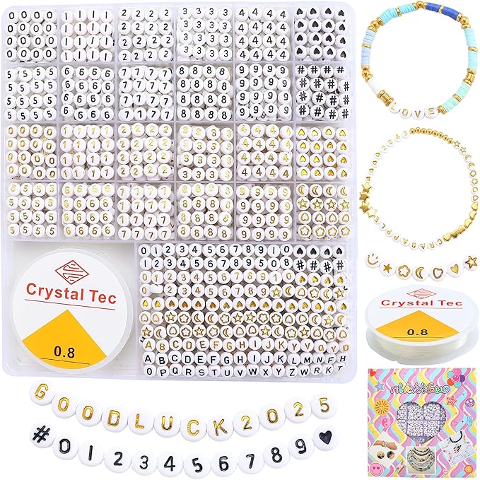 nikkiGuo 1250 PCS Letter Beads Kit with Elastic Cord – Alphabet A–Z, Numbers, Heart, Moon, Star, Smiley Beads for Friendship Bracelets & DIY Jewelry (White Beats & Black/Golden Letters)
