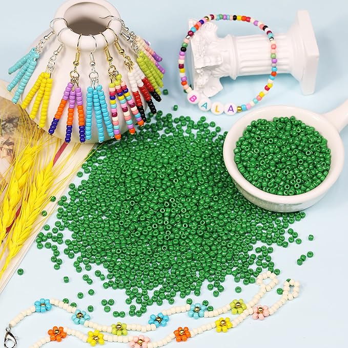 Bala&Fillic Dark Green Color 3mm Seed Beads About 3600pcs/100Grams in Bag, 8/0 Glass Craft Beads for Making Bracelet and Necklace (Dark Green)