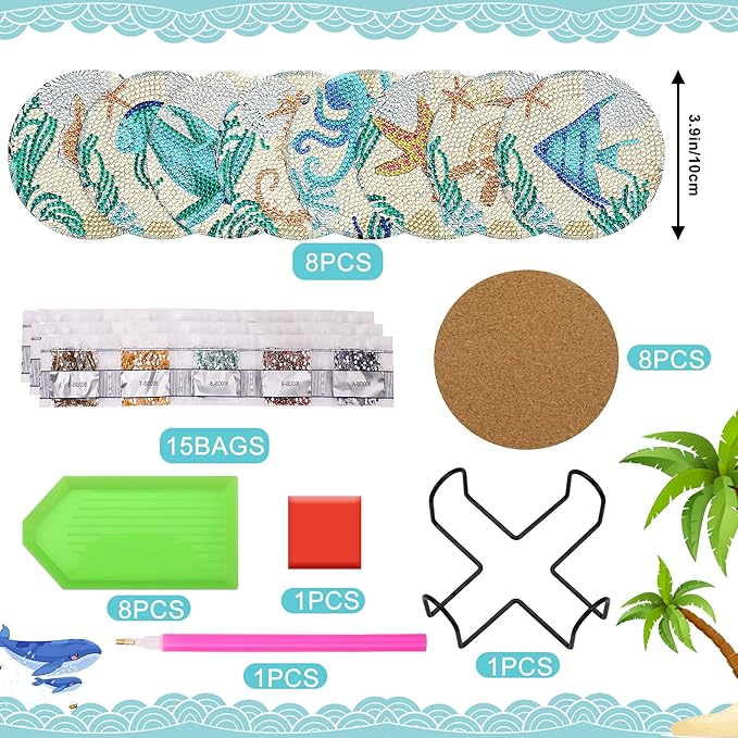 UPINS Ocean Diamond Art Painting Coaster Kit, 8Pcs DIY Crafts Kit with Holder, Non Slip Coaster Art Supplies for Adults, Ideal Christmas Gift