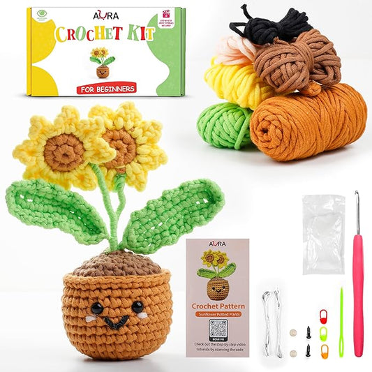 A-URA Learn to Crochet Kit for Beginners Kids and Adults, Premium Pattern Sunflower Beginner Crochet Kits with Easy Tube Yarn & Step-by-Step Video Tutorials