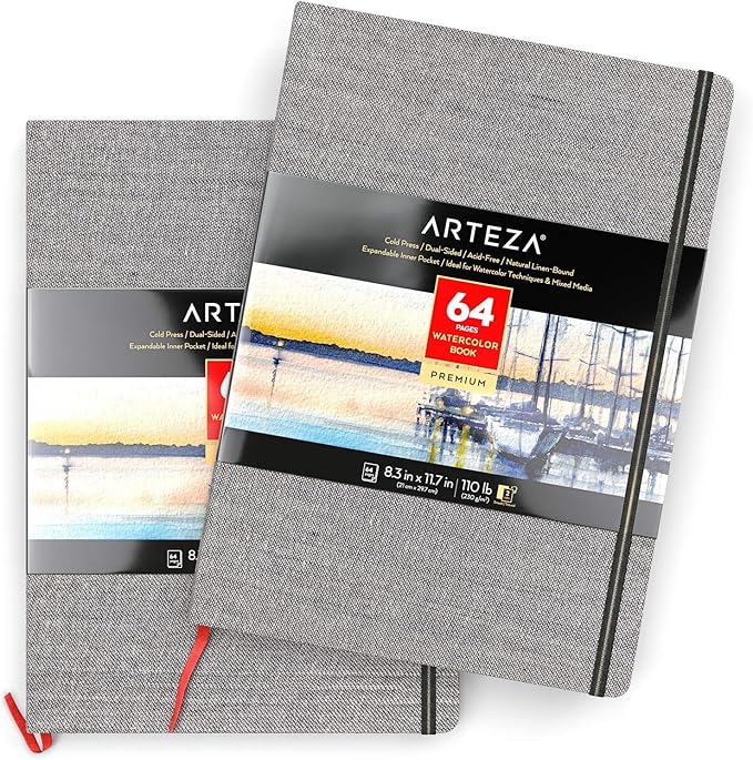 ARTEZA Watercolor Books, Pack of 2, 8.3 x 11.7 Inches, 64 Pages Each, 110 lb / 230 GSM, Cold Press, Dual-Sided, Acid-Free Linen-Bound Hardcover Books for Watercolor and Mixed Media