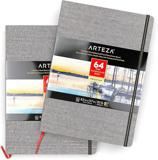ARTEZA Watercolor Books, Pack of 2, 8.3 x 11.7 Inches, 64 Pages Each, 110 lb / 230 GSM, Cold Press, Dual-Sided, Acid-Free Linen-Bound Hardcover Books for Watercolor and Mixed Media