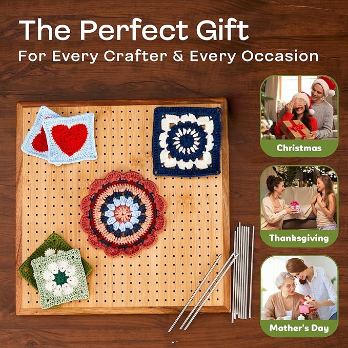 11.8" Crochet Blocking Board with 20 Pegs Pins, Granny Square Blocking Board for Crochet Projects, Bamboo Blocking Boards for Crocheting and Knitting, Wooden Gifts for Crocheter