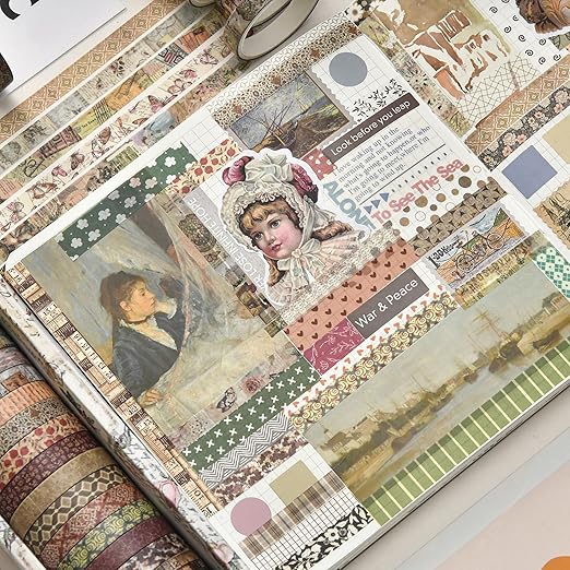 20 Rolls Skinny Vintage Washi Tape Set Retro Arts Adhesive Tapes Basic Patterns Decorative Masking Tape Sets for Craft, Kids, Scrapbook, DIY, Gift Wrapping (First Encounter)