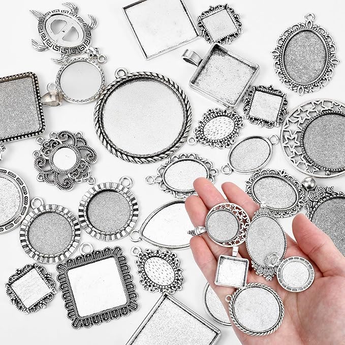 Apojgitn 100G Random Metal Tray: Assorted Bezel Necklace Blank Charms, Pendant Bezels for Resin Jewelry Making with Glass Cabochons, Bails, Ring Blanks, Jewelry Bails & Findings(Blind Box)