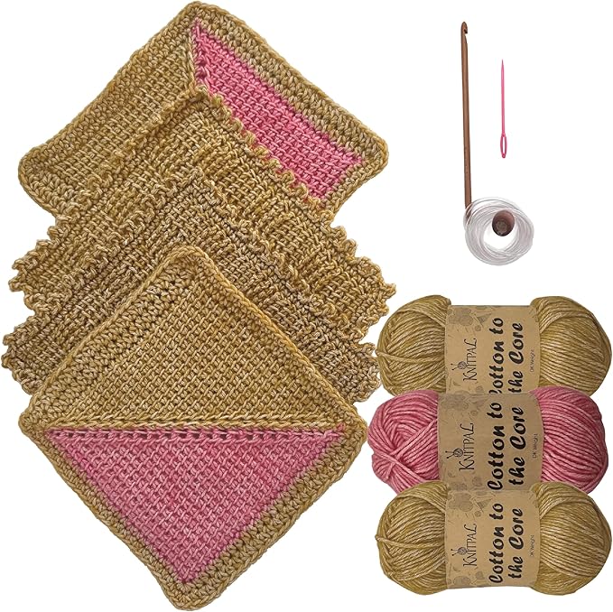 KnitPal Everyday Joy Tunisian Crochet Dishcloth Kit for Confident Beginners – Make 4 Reusable Dishcloths – Cotton Yarn, Tunisian Crochet Hook, 2 Patterns & Video Tutorials (Camel Brown+Flamingo Pink)