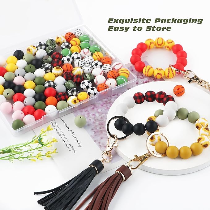 Sunrony 100pcs Sports Silicone Beads 15mm, Basketball Football Volleyball Tennis Ball Baseball Prints Silicone Beads for Keychain Making, Necklace Bracelet Making(Sports)