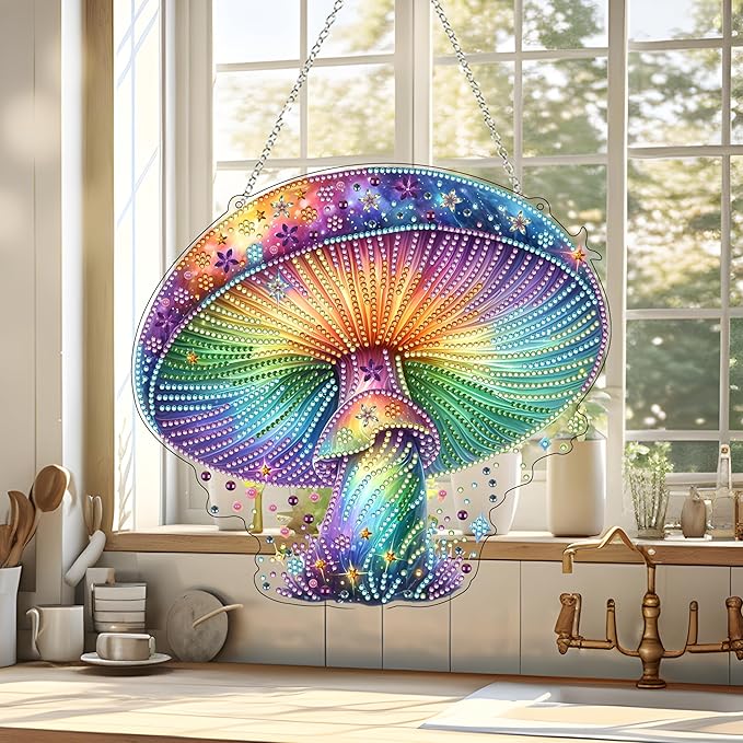 JJFox Diamond Art Hanging Kit for Adult,Special Shaped Rhinestone,DIY Acrylic 5D Diamond Art Painting Window Pendants Home Garden Wall Hanging Kits Hanging Ornament (Rainbow Mushroom)