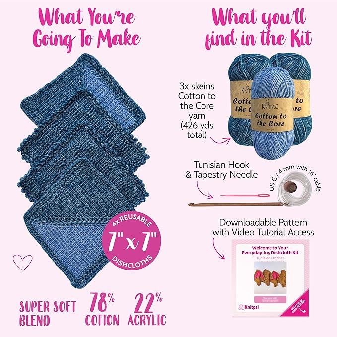 KnitPal Everyday Joy Tunisian Crochet Dishcloth Kit for Confident Beginners – Make 4 Reusable Dishcloths – Cotton Yarn, Tunisian Crochet Hook, 2 Patterns & Video Tutorials (Jean Blue + Sky Blue)