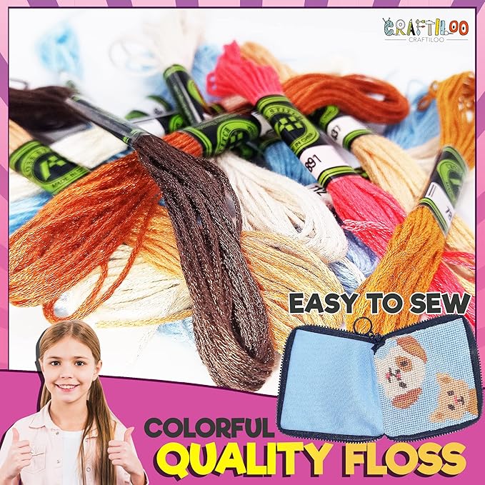 CRAFTILOO Needlepoint Kit for Kids — Beginner Cross Stitch Sewing Kit with Pre Printed Canvas, Easy Embroidery Arts and Crafts Starter Set for Girls and Boys Ages 6-12 (Cat & Dog)