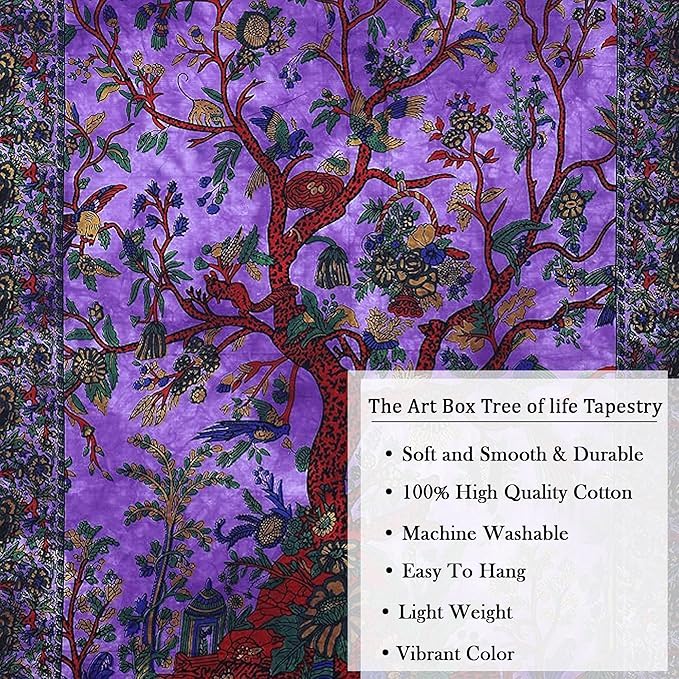 the art box tapestry purple tree of life wall hanging – indian cotton medium bedspread, picnic sheet, wall decor, blanket, wall art for bedroom (60x54 inch)