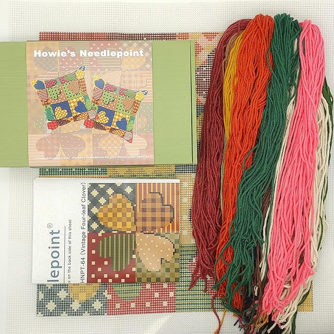 Howie's Needlepoint Needlepoint Kits for Adults, Pillow Front Cross Stitch Kit with Embroidery Pattern on Canvas, Yarn, 2 Needles and Instruction, 16 x 16inch(Vintage Four-Leaf Clover)