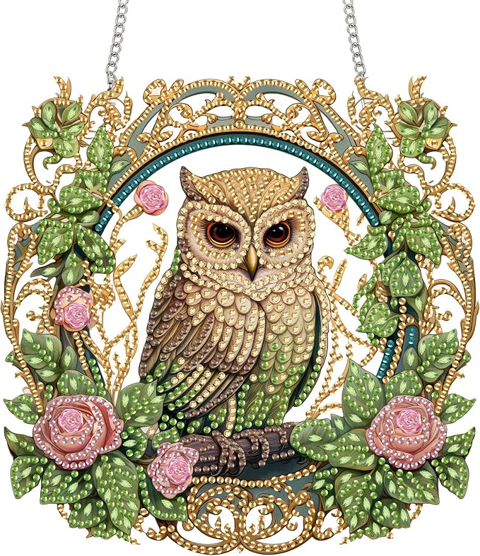 Reofrey Hanging Diamond Art Kits for Adults– 8x8Inch Owls Hanging Ornament Acrylic Board Double Sided Pattern Crystal Diamond Art Suncatcher Pendant, for Home Wall Window Decoration Handmade Gift