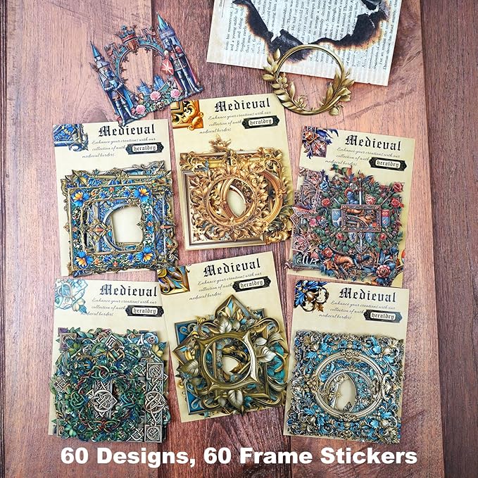 Medieval Frame Stickers – 60 Hollow-Cut Cardstock Stickers for Scrapbook & Journal, Vintage Self-Adhesive Embellishments for Junk Journal, DIY Art & Collage Design