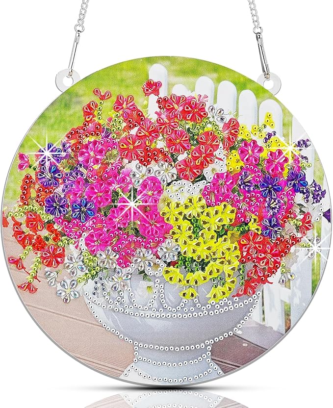 SSIJAYLZ Diamond Art Hanging Ornaments, Flowers Diamond Art Kit for Adults, 7.18 in 5D Crystal Accessories DIY for Home Decor