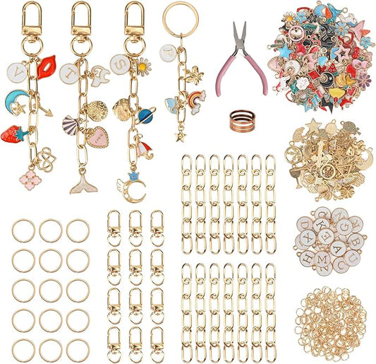 Starry 348Pcs Keychain Making Kit Bag Charm Kit 126 Charms 20 Keychain Clips with Key Ring Jewelry Plier,30 Extender Chain Swivel Snap Hooks Gold Charms 150 Jump Ring DIY Craft Supplies